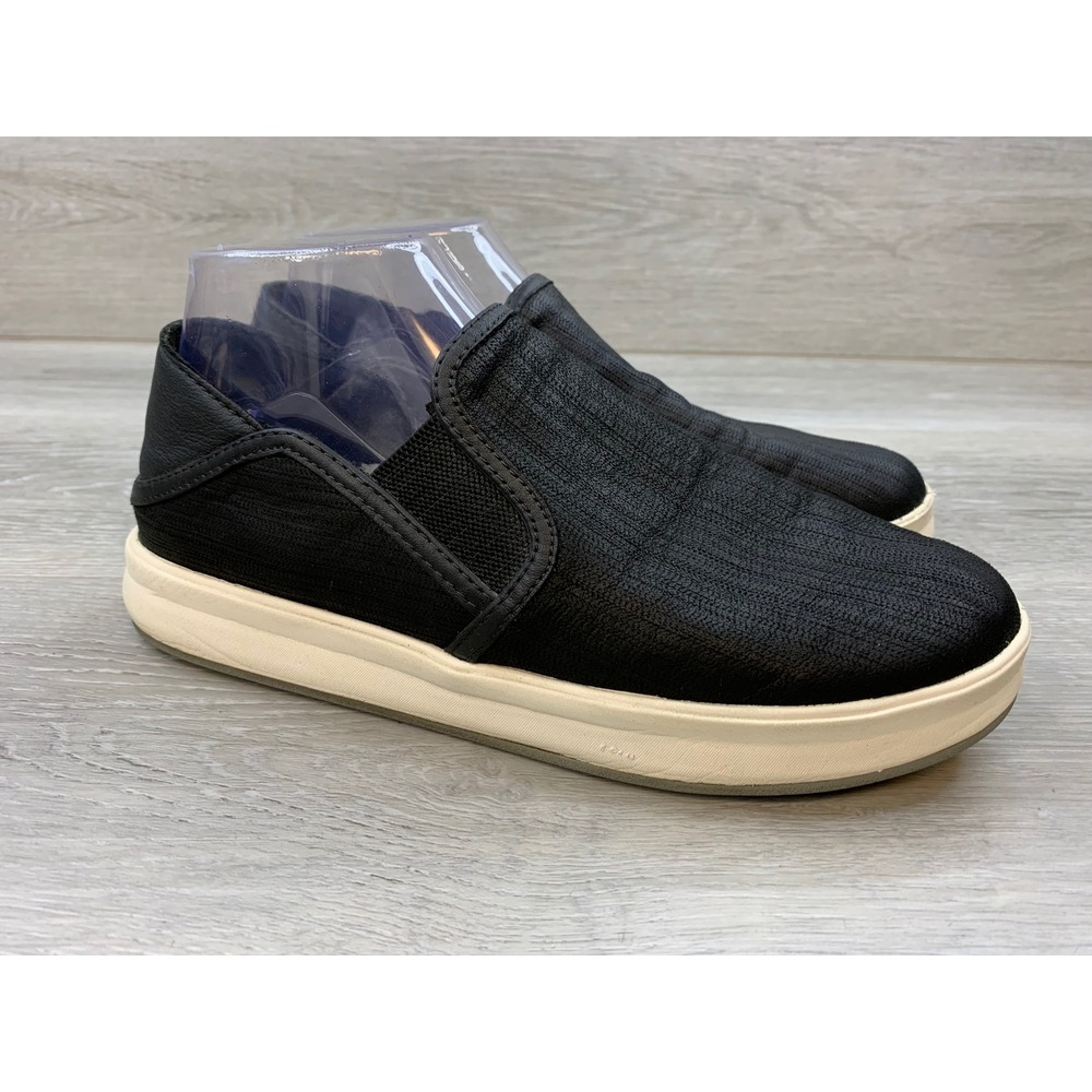 OluKai Ki'ihele 'Ili Black Leather Slip On Sneakers Women's 8.5 Casual Shoes